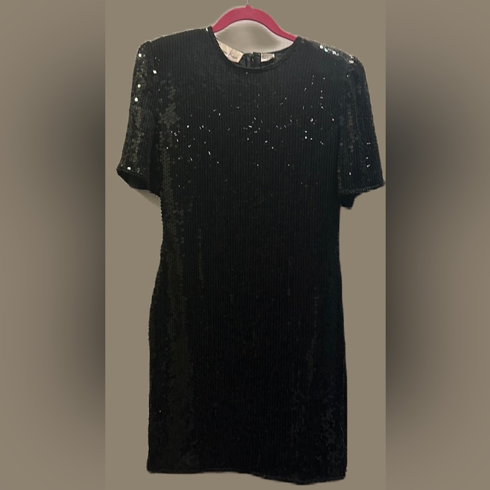 Laurence Kazar Vintage Black Silk Beaded Cocktail Dress SZ Medium retro